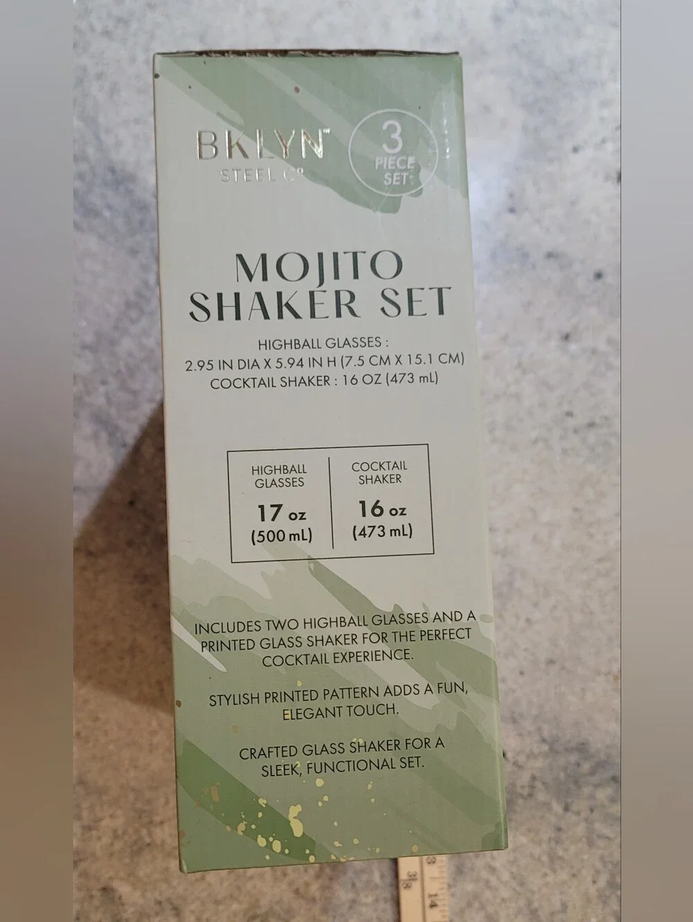 NIB Brooklyn Steel Co Mojito Drink Cocktail Shaker 3Pc Set Home Bar Glass Metal